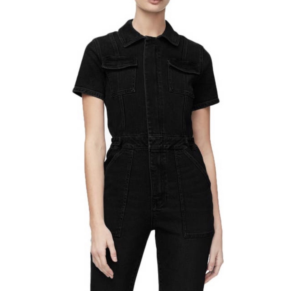 Good American Black Short-Sleeve Denim Jumpsuit